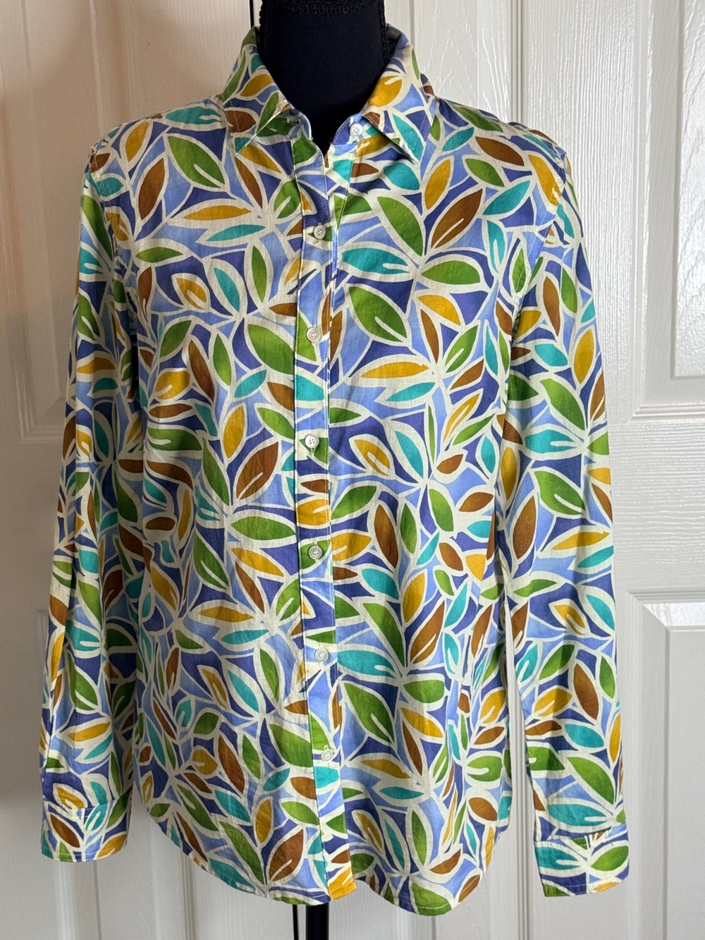 J.McLaughlin Lois Cotton Leaf Print Button Down Blouse Top Blue Green Small VGC